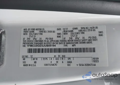 2018 Ford Escape Se from USA, damaged, VIN 1FMCU0GD3JUB05194